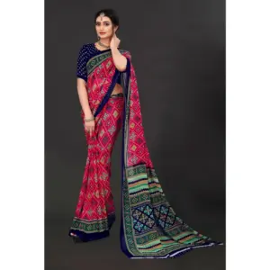 Women's Georgette Floral Print Saree with Blouse – Pink