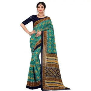 Women's Georgette Floral Print Saree with Blouse – Dark Green