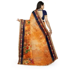 Women's Georgette Floral Print Saree with Blouse – Blue-Orange