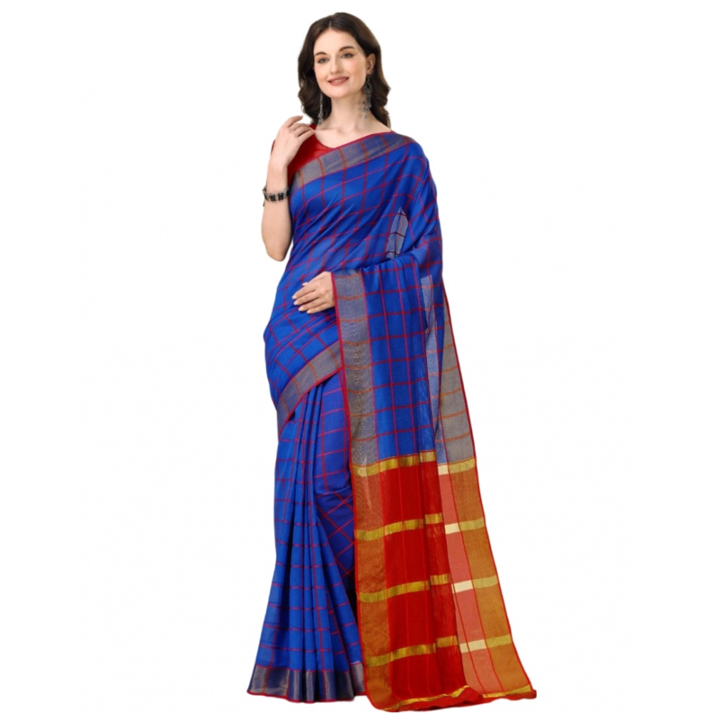 Women's Cotton Silk Checkered Saree with Blouse – Blue