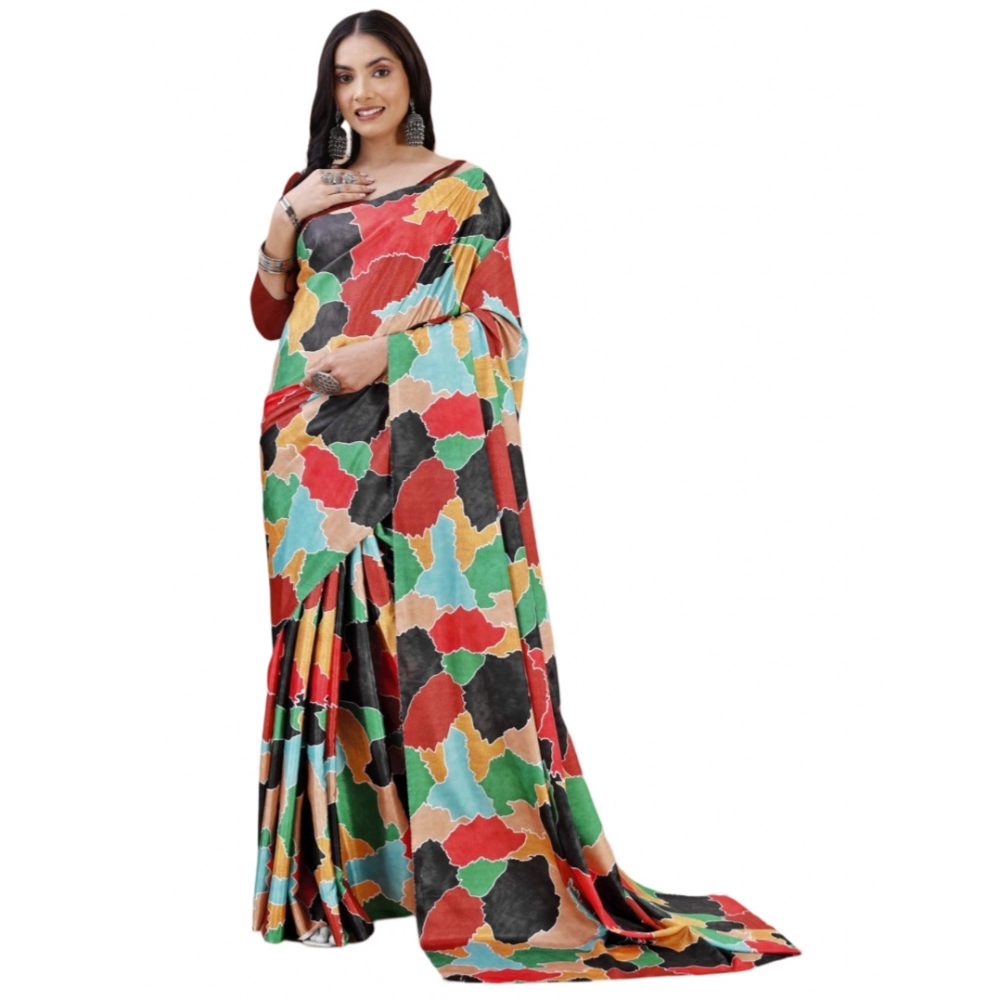 Women's Crepe Digital Print Saree with Blouse – Red
