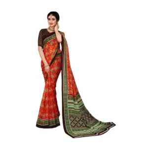 Women's Georgette Floral Print Saree with Blouse – Red