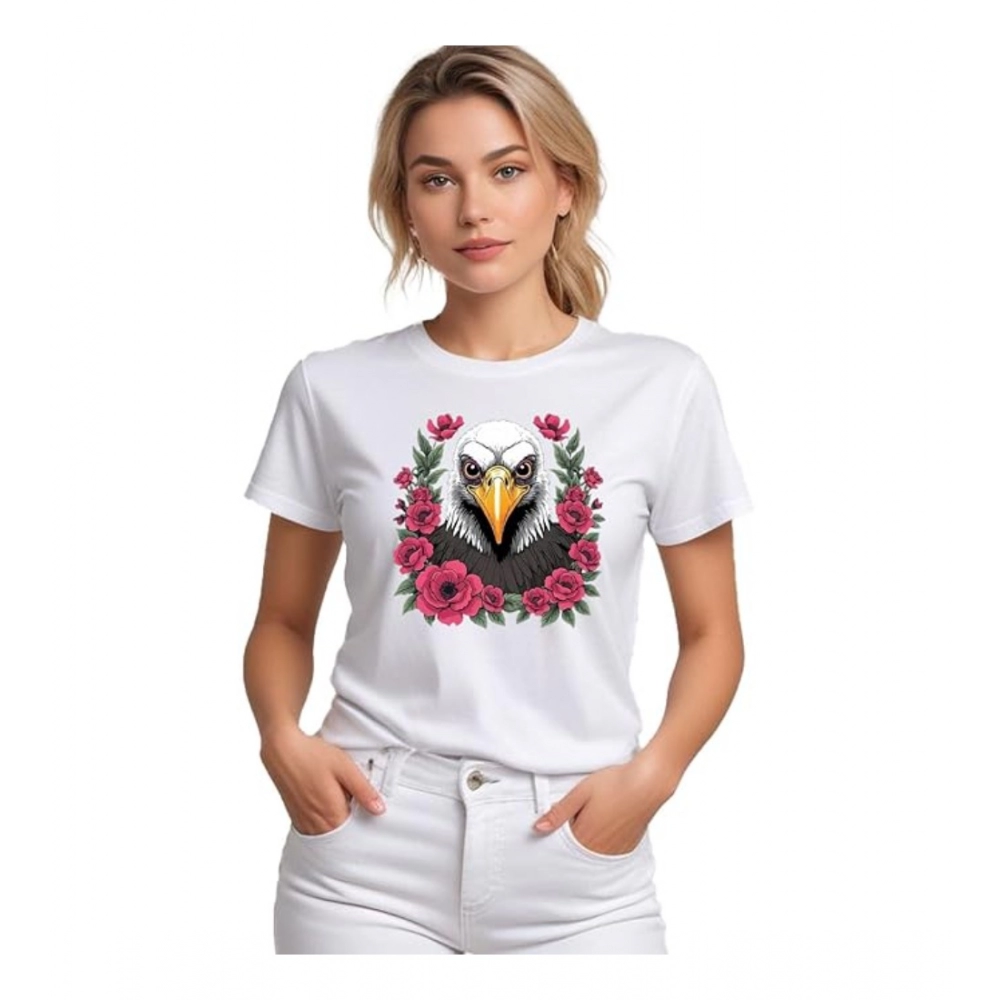 Generic Women's Polyester Solid Printed Round Neck Half Sleeve T-shirt (White)
