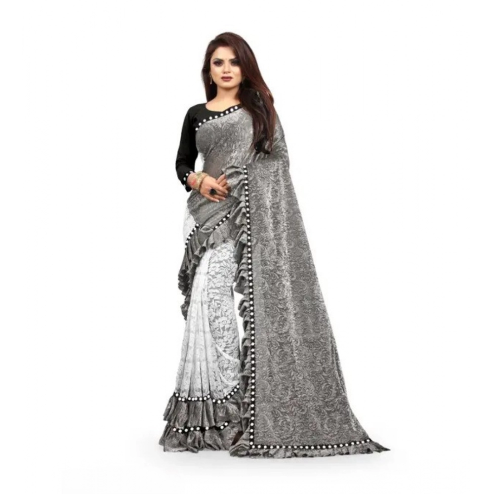 Women's Silk Solid Saree with Blouse – Grey