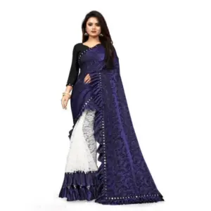 Women's Silk Solid Saree with Blouse – Blue