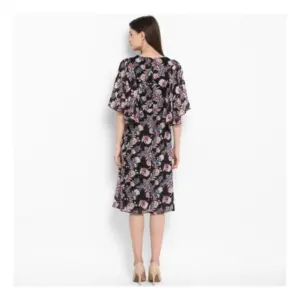 Generic Women's Polyester Floral Short Sleeve Knee-Length Dress (Black - Multicolor)