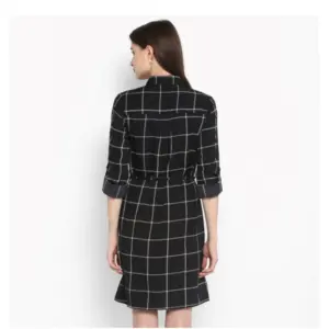 Generic Women's Polyester Checkered Roll Up Sleeve Above Knee Dress (Black - White)