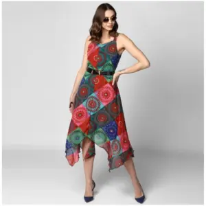 Generic Women's Polyester Asymmetrical Shoulder Straps Knee-Length Dress (Multicolor)
