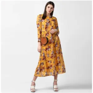 Generic Women's Polyester Floral Long Sleeves Calf-length Dress (Yellow)