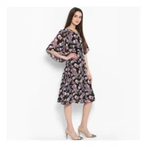 Generic Women's Polyester Floral Short Sleeve Knee-Length Dress (Black - Multicolor)