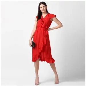 Generic Women's Polyester Ruffled Cap Sleeve Knee-Length Dress (Red)