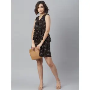 Generic Women's Polyester Peplum Sleeveless Above Knee Dress (Black)