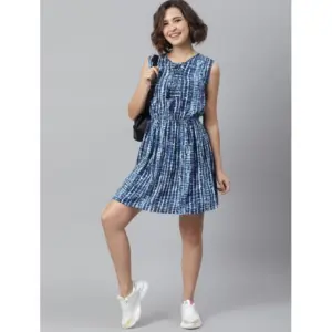 Generic Women's Rayon Tie & Dye Sleeveless Above Knee Dress (Blue)