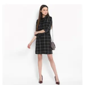 Generic Women's Polyester Checkered Roll Up Sleeve Above Knee Dress (Black - White)