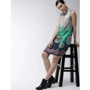 Generic Women's Polyester Printed Sleeveless Above Knee Dress (Multicolor)