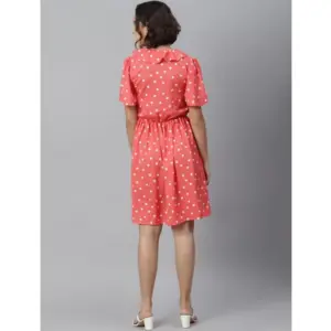 Generic Women's Polyester Polka Flutter Above Knee Dress (Coral)
