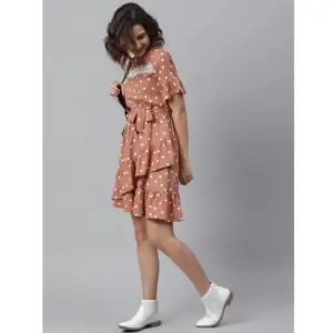 Generic Women's Polyester Polka Bell Sleeve Above Knee Dress (Brown)