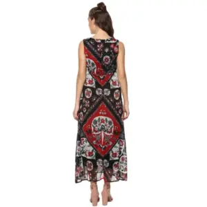 Generic Women's Polyester Printed Sleeveless Dress (Red - Black)