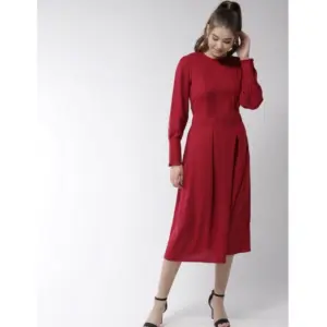 Generic Women's Polyester Pintuck Long Sleeves Below Knee Dress (Red)
