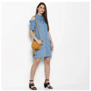 Generic Women's Denim Solid Cold Shoulder Above Knee Dress (Blue)
