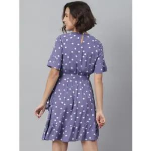 Generic Women's Polyester Polka Bell Sleeve Above Knee Dress (Lavender)