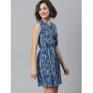 Generic Women's Rayon Tie & Dye Sleeveless Above Knee Dress (Blue)