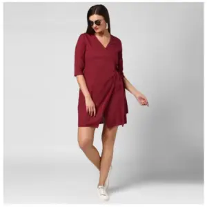Generic Women's Cotton Solid 3-4th Sleeves Above Knee Dress (Maroon)