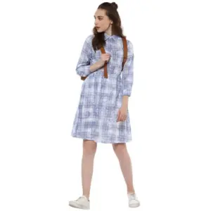 Generic Women's Cotton Checkered Roll Up Sleeve Above Knee Dress (Blue)