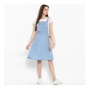 Generic Women's Denim Solid Sleeveless Above Knee Dress (Blue)