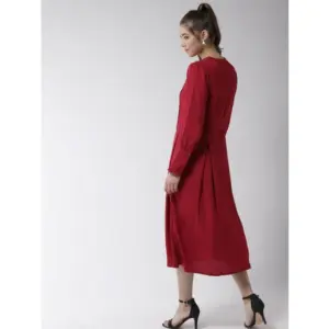 Generic Women's Polyester Pintuck Long Sleeves Below Knee Dress (Red)