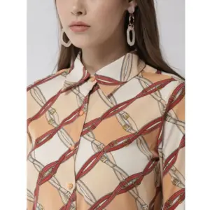 Generic Women's Polyester Printed Roll Up Sleeve Above Knee Dress (Off White - Brown)
