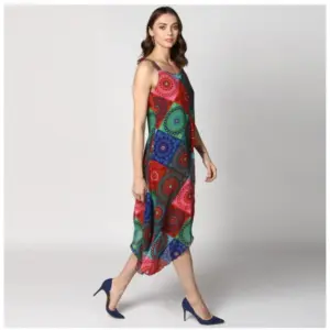 Generic Women's Polyester Asymmetrical Shoulder Straps Knee-Length Dress (Multicolor)