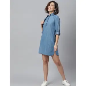 Generic Women's Denim Solid Long Sleeves Above Knee Dress (Ice Blue)