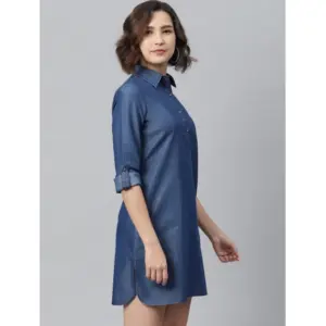 Generic Women's Denim Solid Long Sleeves Above Knee Dress (Navy Blue)