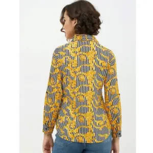 Generic Women's Polyester Printed Roll Up Sleeve Standard Length Shirt (Mustared)