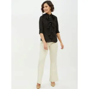 Generic Women's Polyester Ruffled Long Sleeves Standard Length Shirt (Black)