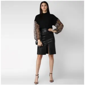 Generic Women's Polyester Animal Print Long Sleeves Top (Black)