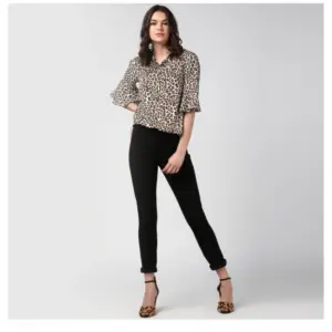 Generic Women's Polyester Animal Print Bell Sleeve Top (Orange - Black)