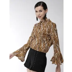 Generic Women's Polyester Printed Bell Sleeve Top (Orange - Black)