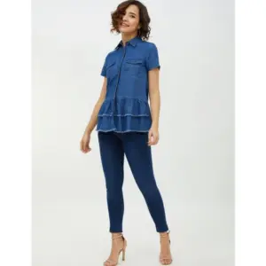 Generic Women's Denim Peplum Short Sleeve Top (Blue)