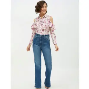 Generic Women's Polyester Floral Cold Shoulder Standard Length Shirt (White)