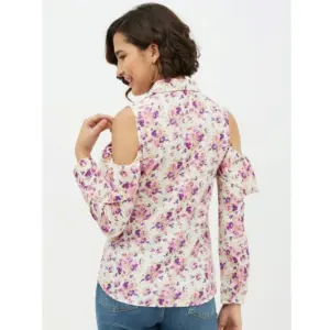Generic Women's Polyester Floral Cold Shoulder Standard Length Shirt (White)