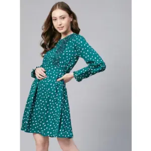 Generic Women's Polyester Polka Long Sleeves Above Knee Dress (Green - White)