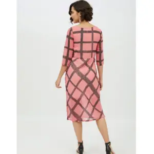 Generic Women's Polyester Checkered 3-4th Sleeves Below Knee Dress (Pink)