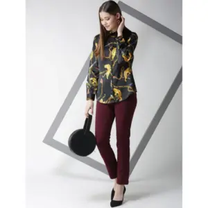 Generic Women's Satin Printed Long Sleeves Standard Length Shirt (Black - Gold)