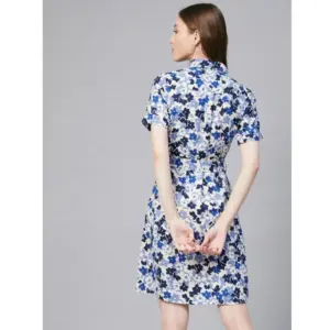 Generic Women's Polyester Floral Short Sleeve Above Knee Dress (Blue - White)