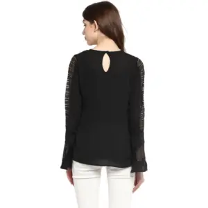Generic Women's Polyester Georgette Self Design Bell Sleeve Regular Top (Black)