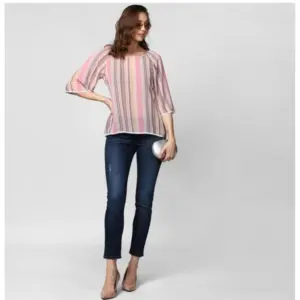 Generic Women's Polyester Striped 3-4th Sleeves Top (Pink)