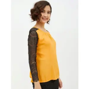 Generic Women's Rayon Lace Inserts Long Sleeves Top (Yellow)