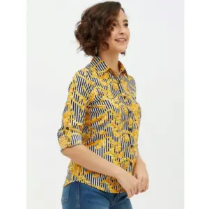 Generic Women's Polyester Printed Roll Up Sleeve Standard Length Shirt (Mustared)